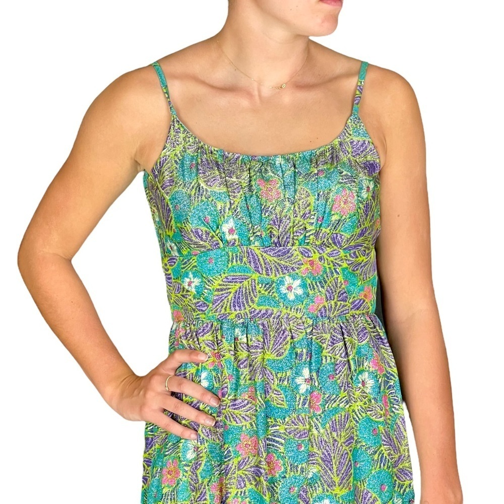 VINTAGE 60S METALLIC FLORAL TROPICAL VACATION SLEEVELESS COLUMN SHEATH DRESS - Picture 2 of 11